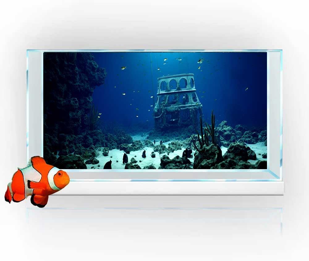 24X16IN Natural Underwater Aquarium Background, Pictures 3D Fish Reef Fish Tank Decoration Background, with 8 EVA Double-Sided Tape