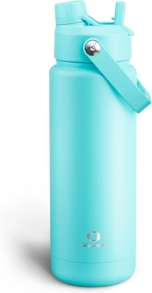 Insulated Water Bottle with Straw Stainless Steel Water Bottle, Leak-Proof, BPA-Free, Double Wall Vacuum Keeps Cold for 24 Hours for Sports, Travel, School (32 oz, Aquamarine Blue)