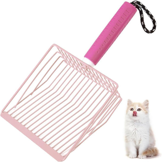 Cat Litter Scoop, 2-in-1 Detachable Ergonomic Handle, Metal, Bar Grid Shape with Suspendable Cord (Pink)