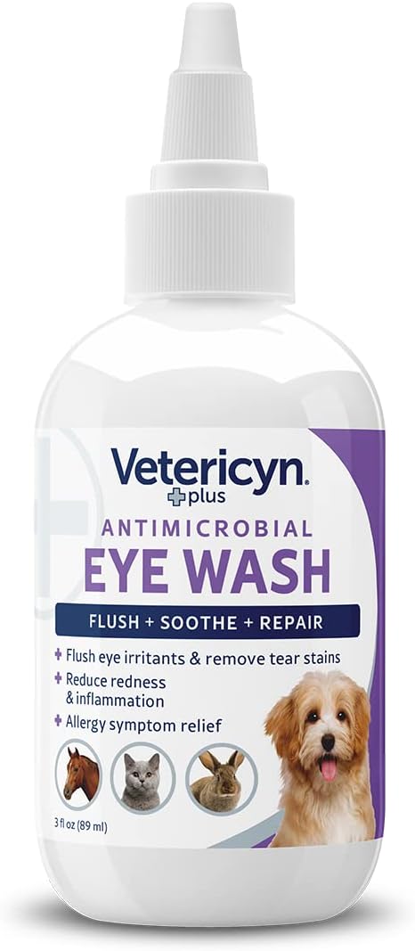 Vetericyn Plus Dog and Cat Eye Wash | Eye Drops for Dogs and Cats to Flush and Soothe Eye Irritations, Dog Tear Stain Cleaner, Safe for All Animals. 3 Ounces