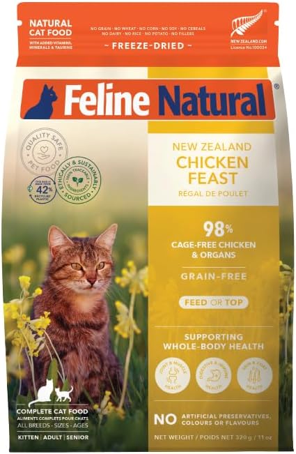 Feline Natural High Protein Dry Cat Food, Freeze-Dried Diet with 98% Meat, Organs & Seafood, No Peas, Grains, or Artificial Additives, Made in New Zealand, Chicken, 11oz