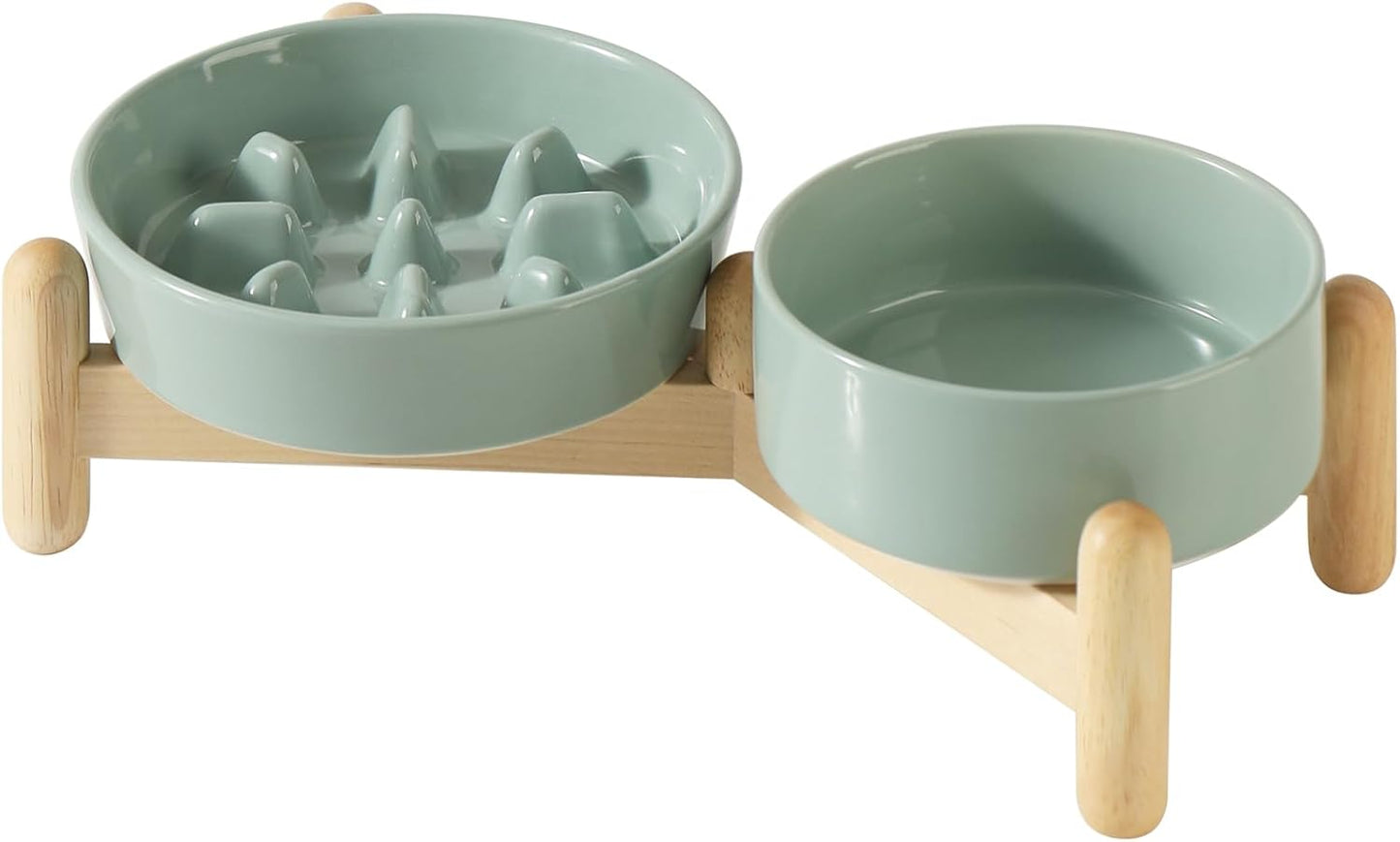 Ceramic Raised Slow Feeder Dog Bowl Set, Elevated 5.1inch Bowl and 6.1inch Slow Pet Food Dish with Wooden Stand for Small Dog and Cat (2 x Light Green+ Stand)