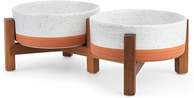 SPUNKYJUNKY Ceramic Elevated Dog Bowl Set with Acacia Wood Stand for Food and Water for Cat and Small Dog (13.52 OZ, White and Reddish Brown)