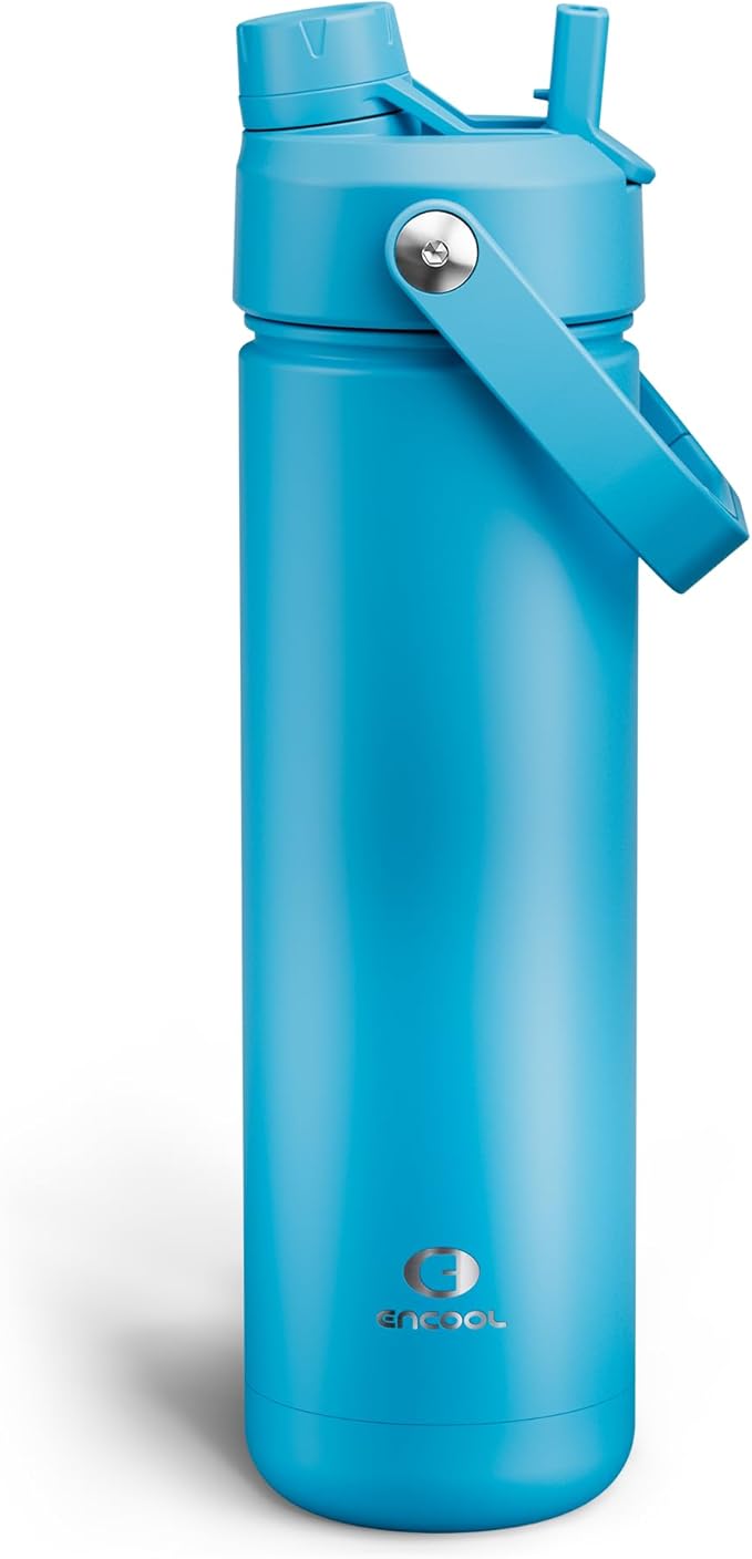 Insulated Water Bottle with Straw - Encool Stainless Steel Water Bottle, Leak-Proof, BPA-Free, Double Wall Vacuum Keeps Cold for 24 Hours for Sports, Travel, School (26 oz, Azure Blue)