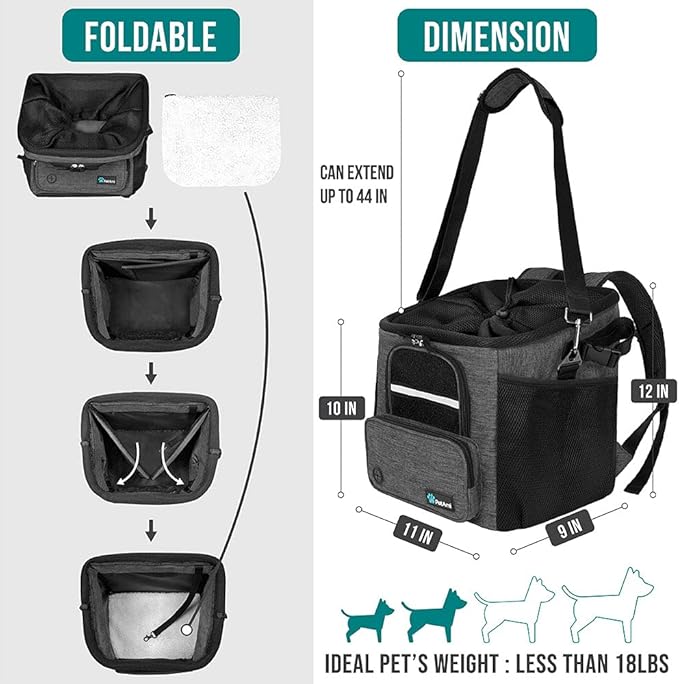 PetAmi Dog Bike Basket, Soft-Sided Ventilated Dog Bike Carrier Backpack, Pet Bicycle Basket for Bike Handlebar, Small Medium Puppy Cat Kitten Car Booster Seat with Safety Strap, Max 18 lbs, Dark Gray