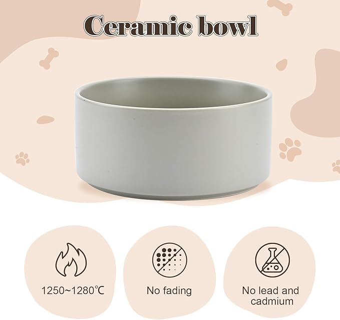 SPUNKYJUNKY Ceramic Dog Bowls with Acacia Wood Stand - Raised Dog Food and Water Bowl Set for Medium Dogs (28.74 OZ, Gray)
