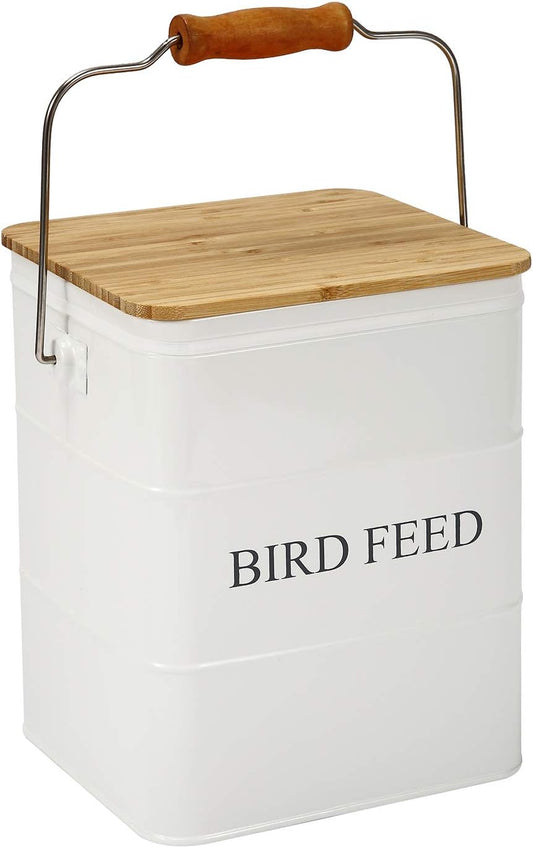 Bird Seeds storage container,Bird Seed Container,Metal food tin for Birds, pet snacks Canisters with wooden lid/handle/sevice scoop,hold 5-6 lbs
