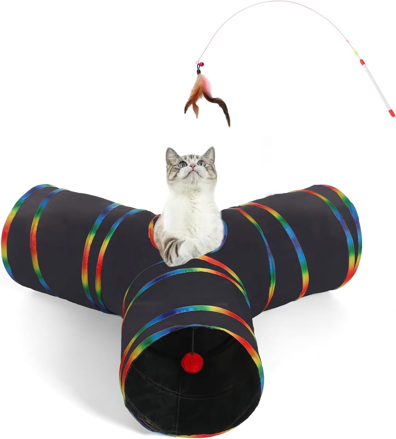 LUCKITTY Cat Tunnels Tube Toy with Plush Ball & Cat Wand Feather Toys-Portable Tattaff Waterproof Washable-Interesting Geometric Pattern Collapsible-3 Way Black Rainbow