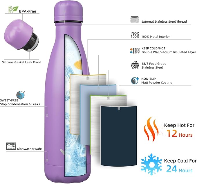 Insulated Water Bottles,17 oz Double Wall Stainless Steel Vacumm Metal Flask for Sports Travel,Lavender
