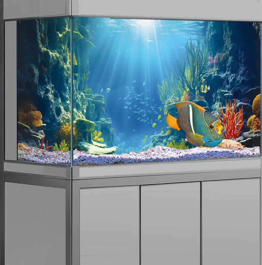 24X16IN Blue Sea Floor Aquarium Background, Natural Underwater World 3D Effect Fish Tank Decorations Background, Art Terrarium Background with 8 EVA Double-Sided Tape