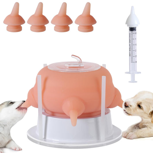 Nursing Nipple Puppy Feeders for Multiple Puppies, 200ml Food-Grade Silicone with 4 Adjustable Detachable Nipples, Smooth Flow Nipple for Kitten Bottle Feeding Kit(Pink)
