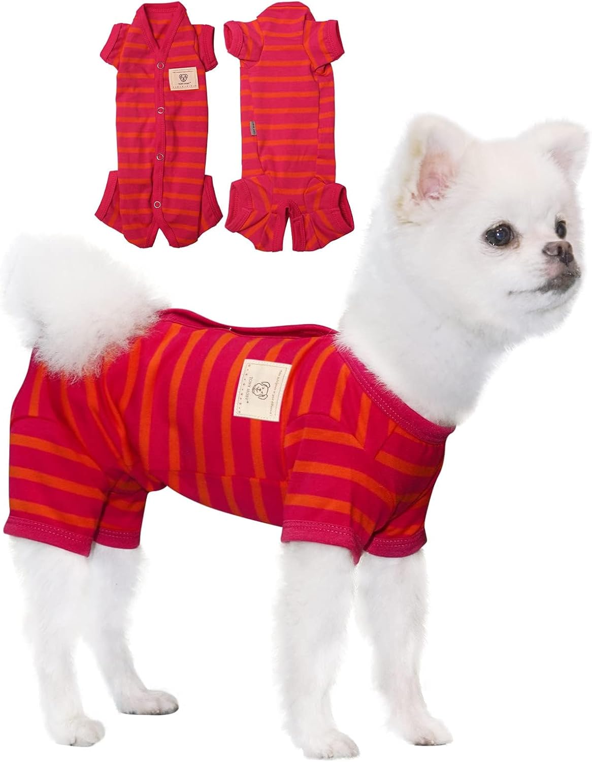 TONY HOBY Dog Pajamas, Female/Male Dog 4 Legged Pajamas, Soft Cotton Dogs Jumpsuit with Stripes (Rose Red&Orange, Girl, XL)