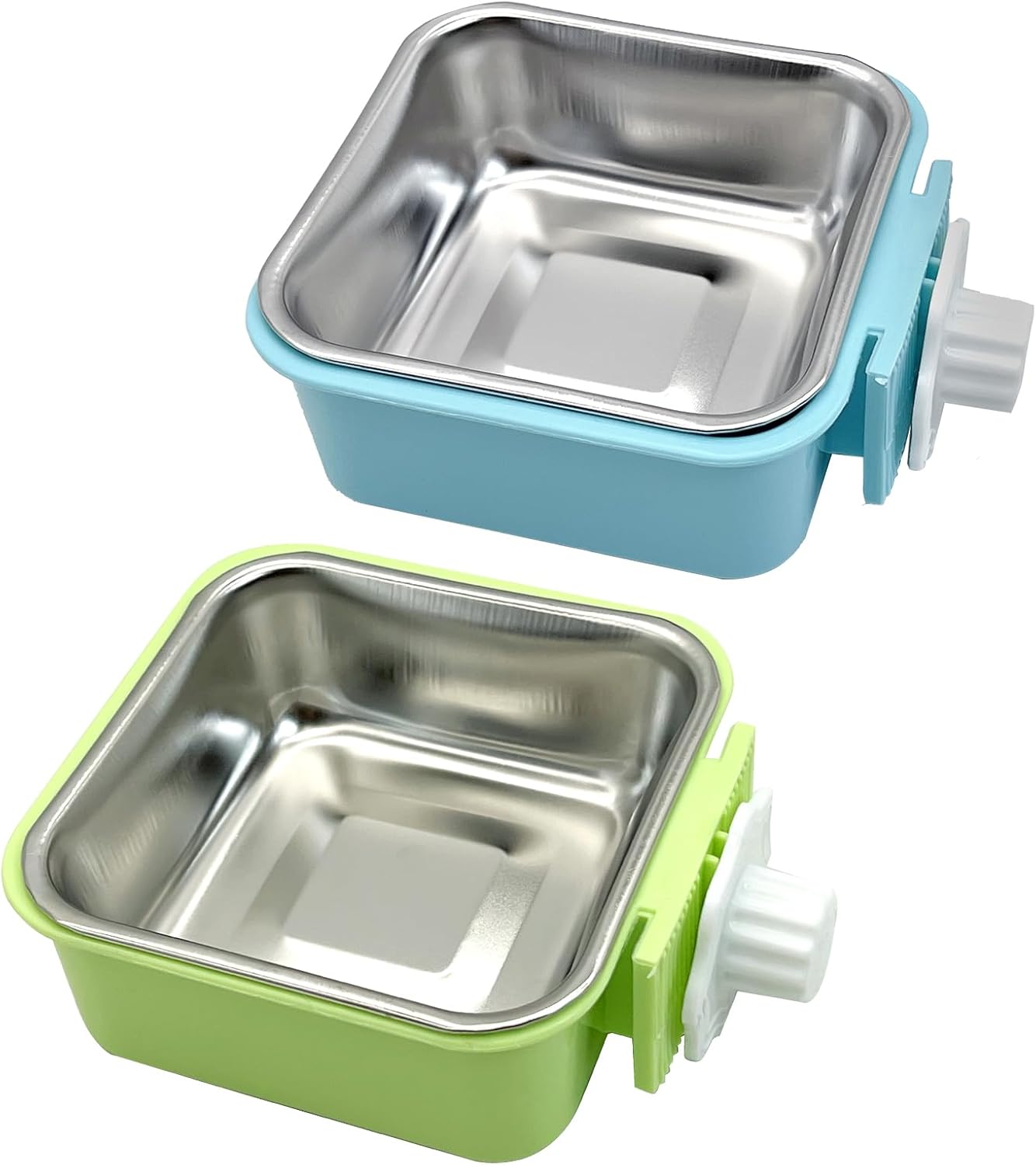 kathson Crate Dog Bowl, Removable Stainless Steel Hanging Pet Kennel Cage Bowl Food & Water Feeder Coop Cup for Puppy, Cat, Rabbit,Guinea Pigs 2pcs Square(Blue,Green)
