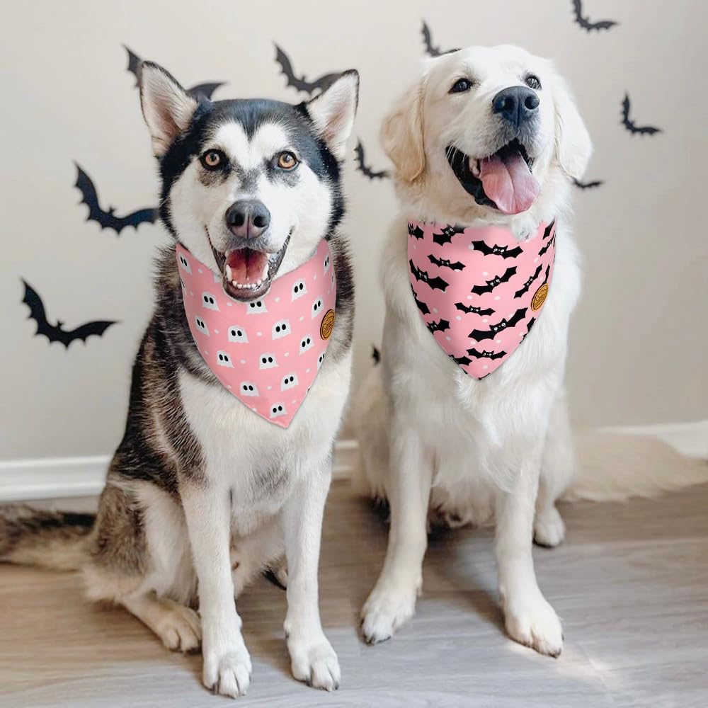 CROWNED BEAUTY Halloween Dog Bandanas Reversible Large 2 Pack, Ghost Bat Set, Buffalo Plaid Polka Dots Adjustable Triangle Scarves for Medium Large Extra Large Dogs Girl Boy Pets (Pink) DB76-L