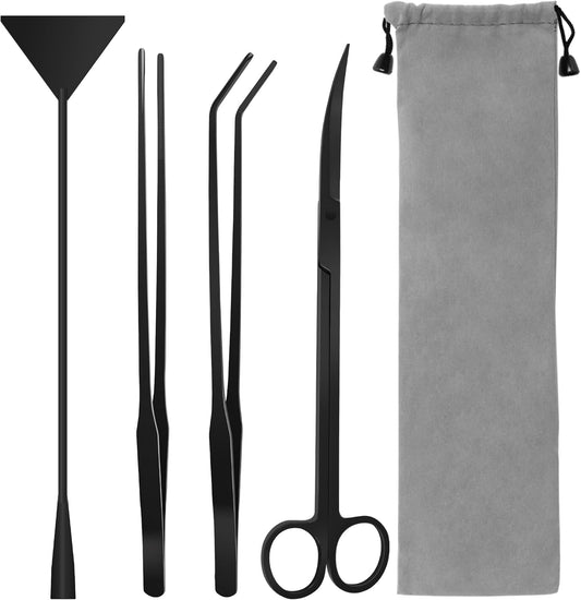 Aquarium Aquascape Tools Kit, 4 in 1 Anti-Rust Aquatic Plant Aquascaping Tool Stainless Steel Black Tweezers Scissors Spatula for Aquarium Tank Clean Fish Tank Aquascape Tools Sets (Black)