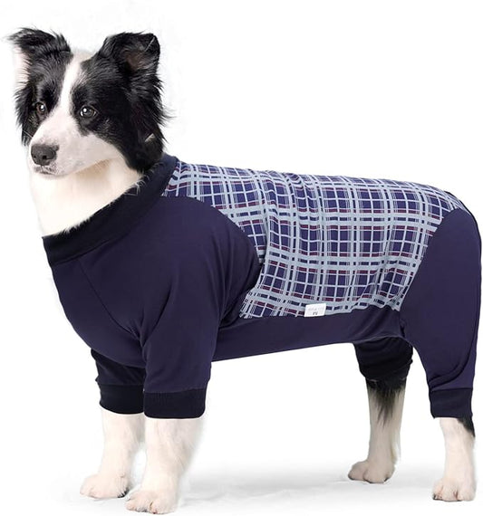 Dog Recovery Suit, Abdominal Wound After Surgery Wear, Anti Licking Bodysuit with Zipper, E-Collar & Cone Alternatives, Plaid Dog Spay Surgical Shirt Prevent Shedding(Large, Blue)