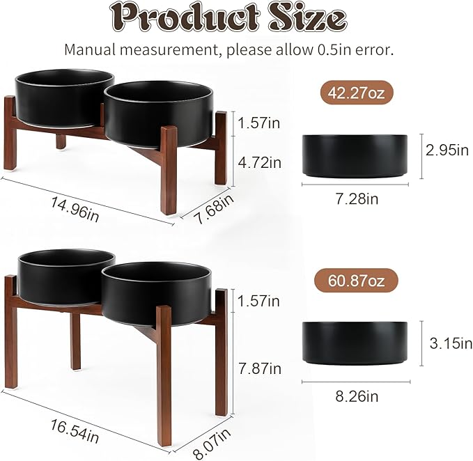 SPUNKYJUNKY Raised Ceramic Dog Bowls Set with Non-Slip Acacia Wood Stand for Large Sized Dog(60.87 OZ, Black)