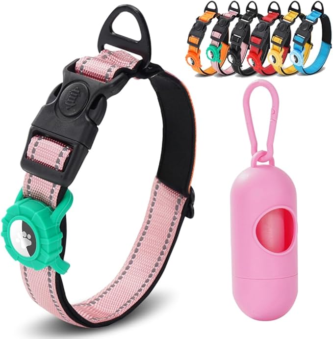 JSXD AirTag Dog Collar, Night Reflective Nylon Dog Collar for Small Medium Large Dogs,Lockable Quick Release Buckle,Padded Breathable Pet Collar with AirTag Holder (Pink, Large)