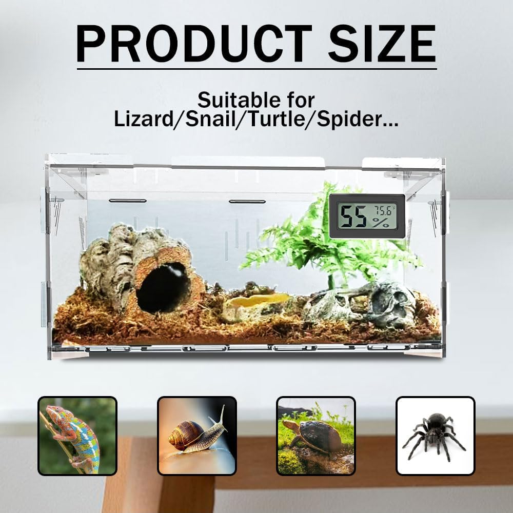 Reptile Terrariums, with Temperature Hygrometer, 11.8"x7.9"x5.9" Acrylic Reptile Breeding Box Terrarium Cage Tank for Small Reptile Insect Home Office