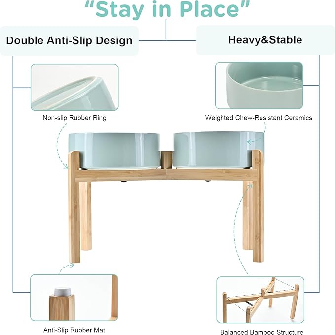 SPUNKYJUNKY Elevated Dog Bowls Ceramic, 8.3'' Dogs Food Water Bowls Raised with Non-Slip Bamboo Stand for Large Sized Breed Microwave Dishwasher Safe - 60 OZ,Light Green