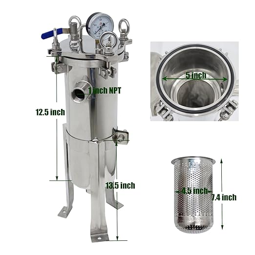 #3 Bag Filter Housing 304 Stainless Steel Filter Solid-Liquid Separation Tool 120PSI Industrial Sock Filter 1" Fnpt in/Out Bag Water Filter Purification Equipment 0.6 SQ FT Filtering Area