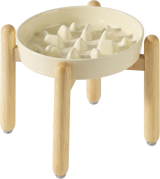 9.5inch Ceramic Dog Raised Slow Feeder Set, Elevated Bowl with Wooden Stand for Large Dog, Slow Feeder Dish for Fast Easters, Anti-Gulping(Beige, Single Bowl+ Stand)