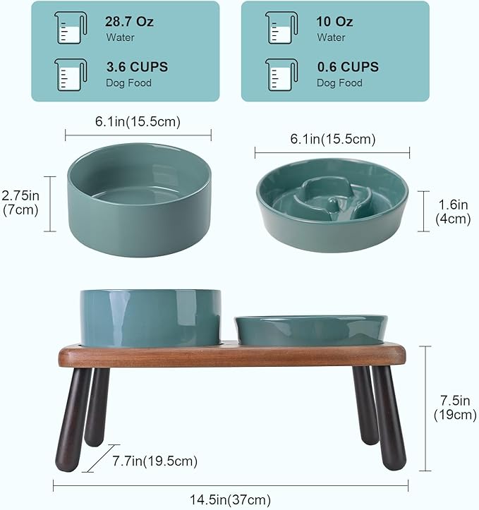 SPUNKYJUNKY Ceramic Elevated Dog Bowls with Slow Feeder Raised with Acacia Bamboo Wooden Stand, 6.1'' Dog and Cat Food Water Bowls Set Non-Slip for Small Medium Sized Breed - Dark Green