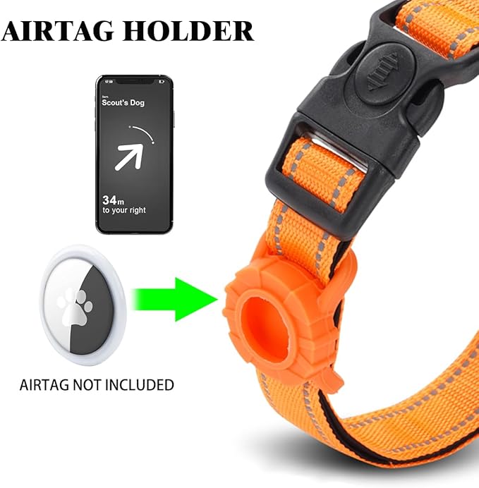 JSXD AirTag Dog Collar, Night Reflective Nylon Dog Collar for Small Medium Large Dogs,Lockable Quick Release Buckle,Padded Breathable Pet Collar with AirTag Holder (Orange, Large)