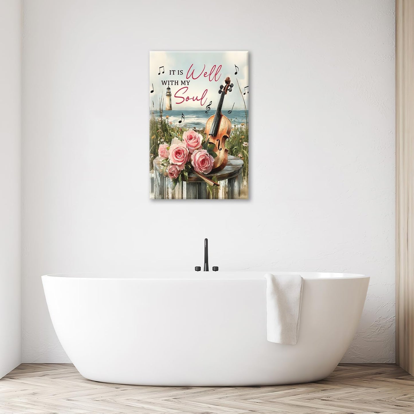 Violin Pictures Wall Art, Music Rustic Country Inspirational Bathroom Wall Decor, Coastal lighthouse Framed Painting Rose Aesthetics Canvas Artwork for Bedroom Living Room Decorations 24"L x 16"W