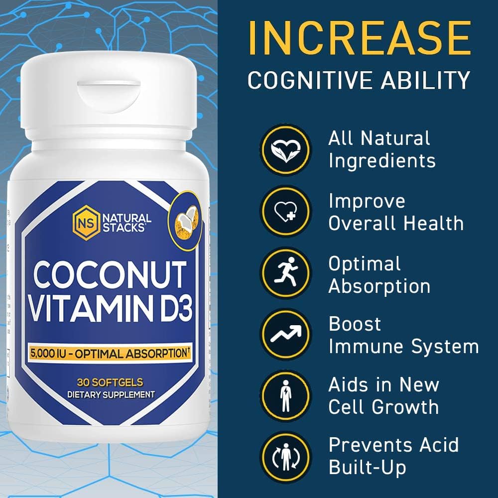 NATURAL STACKS Vitamin D 5000 IU Supplement - with Coconut Oil for Optimal Absorption - Vitamin D Pills for Immunity & Cell Growth - D3 125mcg Cholecalciferol Supplement - 30 D3 Servings