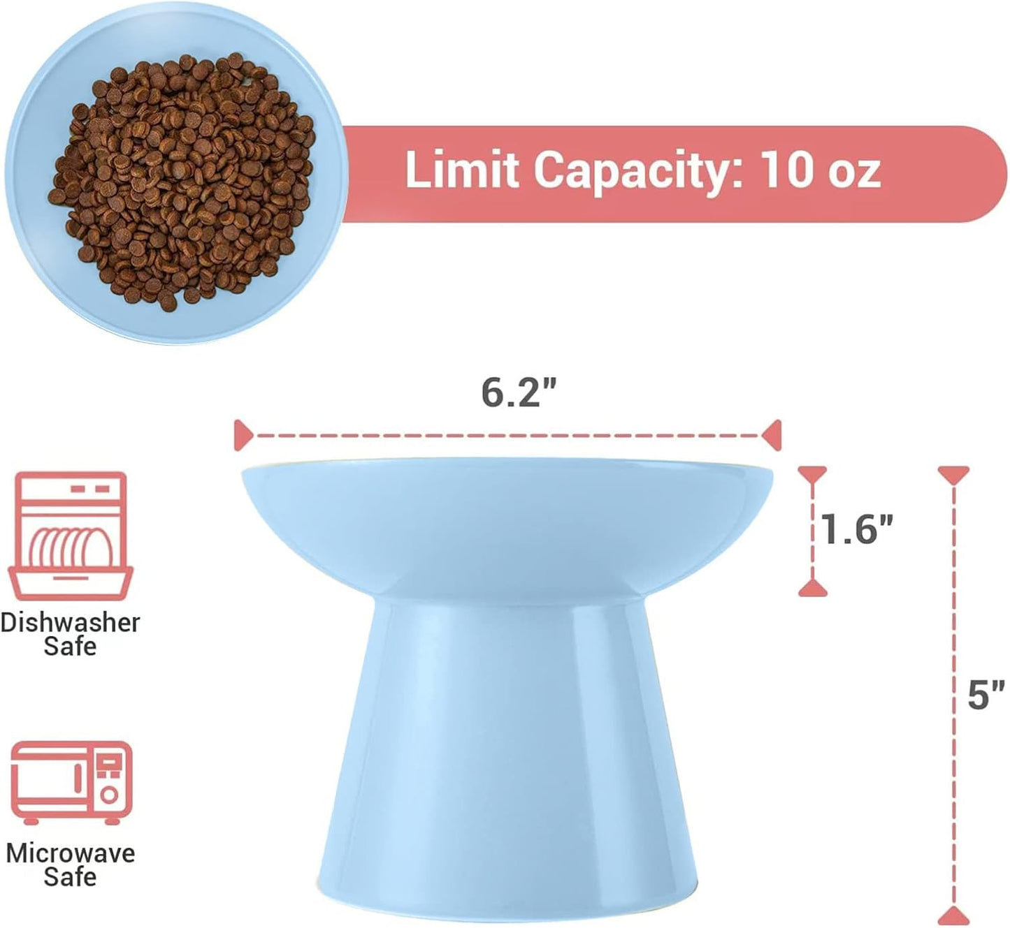 Extra Wide Elevated Ceramic Cat Food Bowl - 6.2" Shallow Dish for Whisker Fatigue Relief, 5" Height for Easy Feeding, Lead & Cadmium Free, Durable Raised Cat Food Bowls, Blue