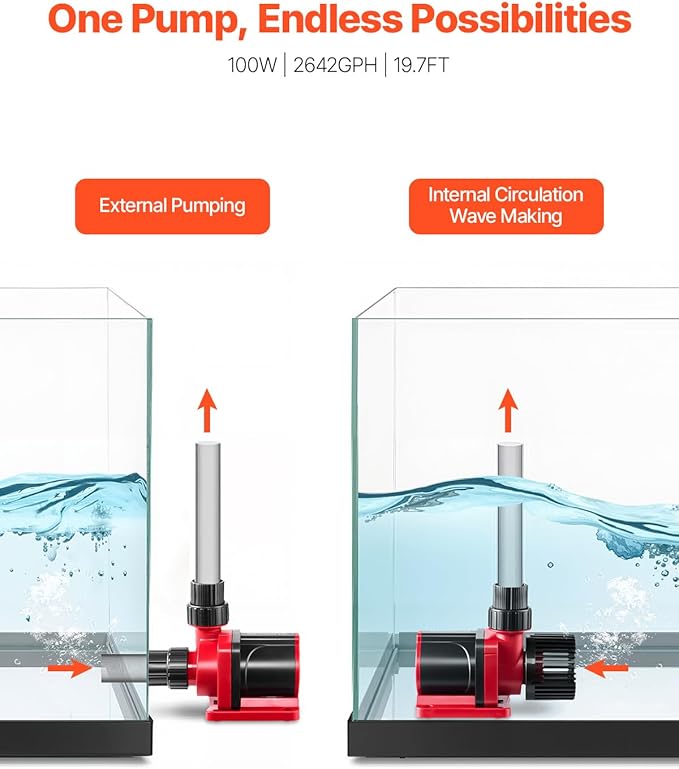 VEVOR Aquarium 24V DC Water Pump, 100W, 2642 GPH Marine Wavemaker Return Pump with Controller, Adjustable Flow, Feed Mode, 19.7 ft Max Lift, for Saltwater Freshwater Fish Tank Sump Pond Circulation