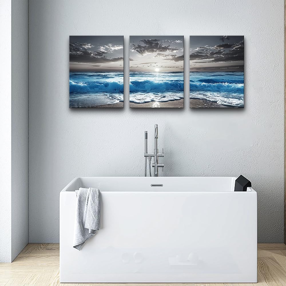 TTHYUEWS Beach Wall Art For Living Room Canvas Wall Decor For Bedroom Office Decorations Blue Sea Wave Paintings Black And White Wall Pictures Artworks Bathroom Canvas Art Modern Home Decor 3 Piece