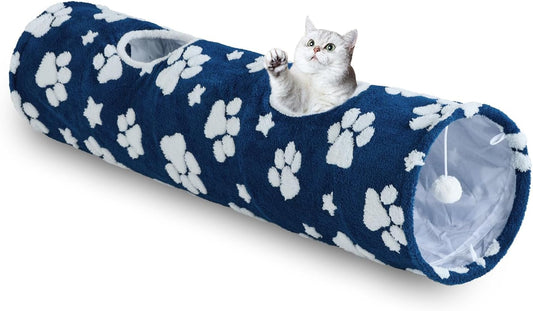 Straight Cat Tunnel for Indoor Cats 47"x12", Cute Cat Toys Collapsible Tunnel Tube with Balls for Puppy Kitten Rabbit, Blue Paw