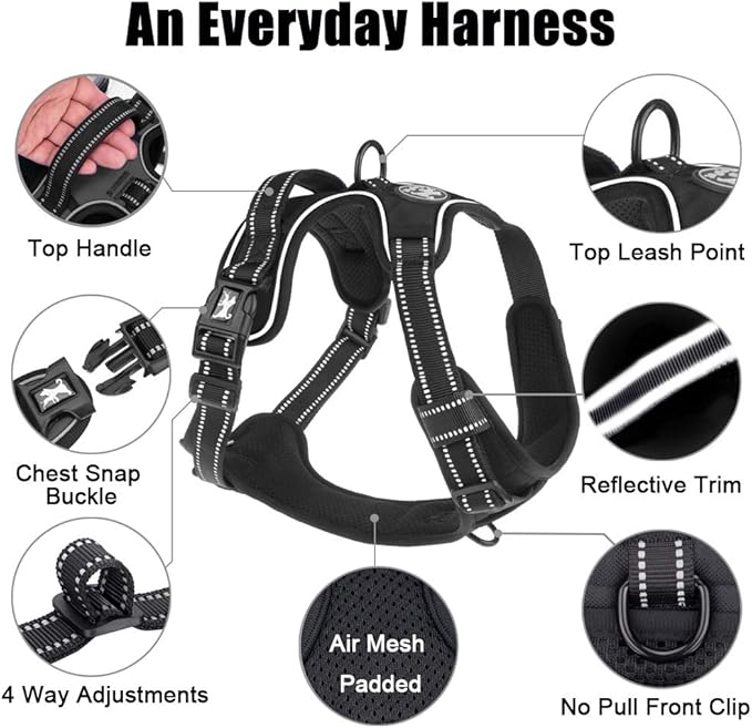 PoyPet No Pull Dog Harness, Reflective Comfortable Vest Harness with Front & Back 2 Leash Attachments and Easy Control Handle Adjustable Soft Padded Pet Vest for Small to Large Dogs (Black,XL)