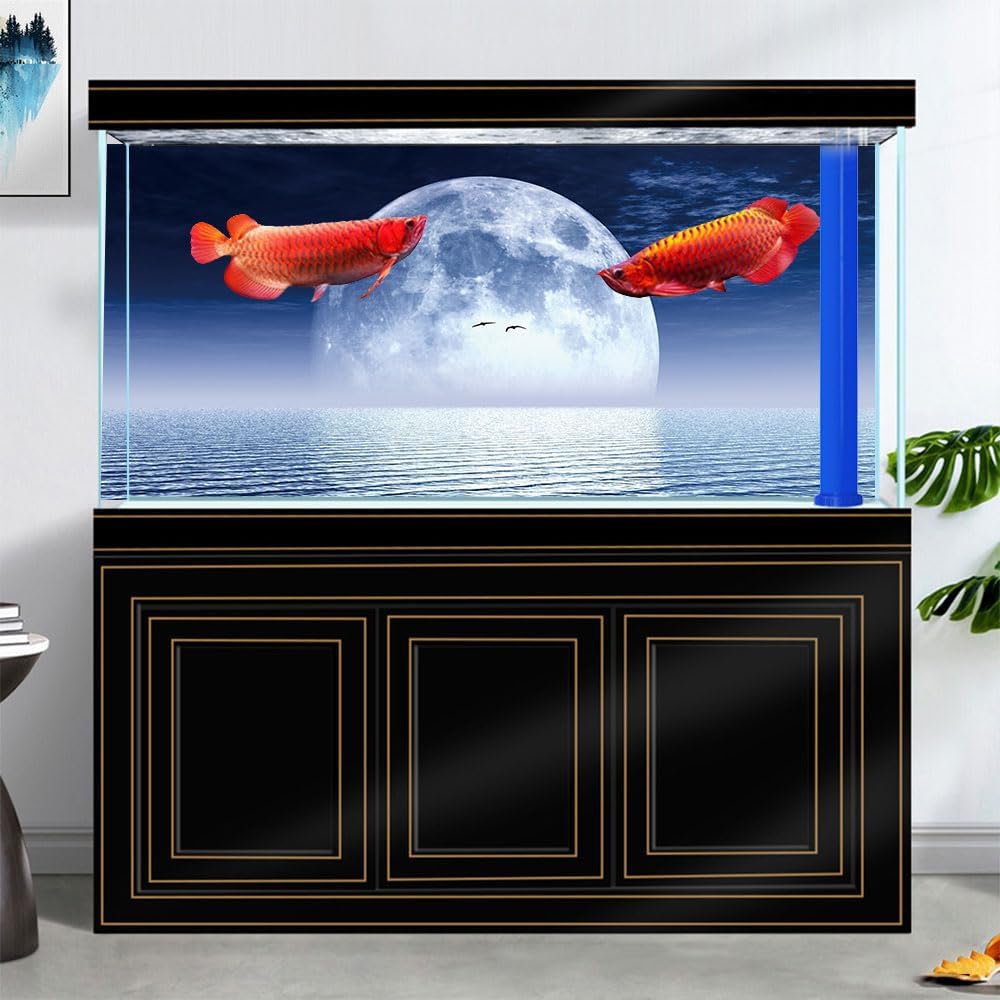 Moon Aquarium Background,Cool Sea Galaxy Parallel Space Themed Fish Tank Background, Cool Terrarium Background 30X18IN with 8 EVA Double-Sided Tape