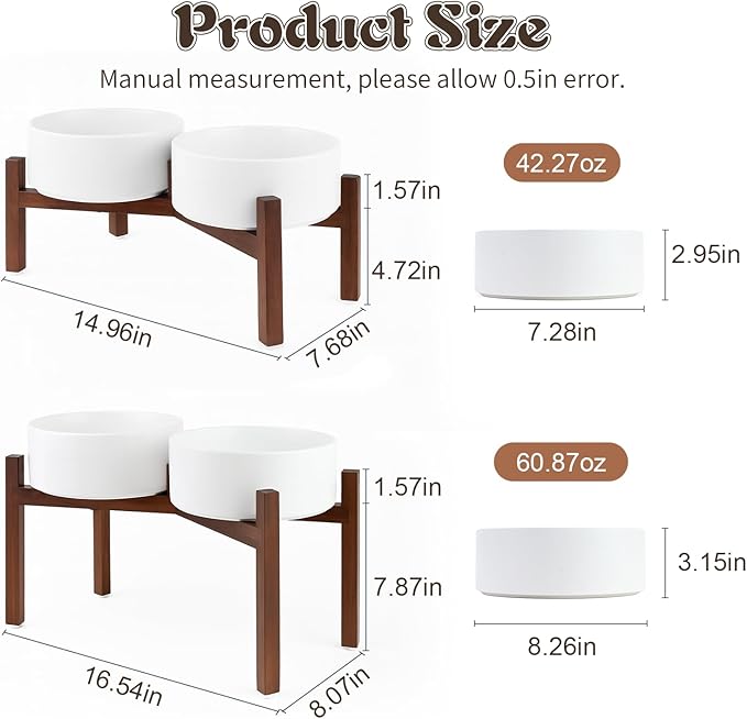 SPUNKYJUNKY Raised Ceramic Dog Bowls Set with Non-Slip Acacia Wood Stand for Medium Sized Dog(42.27 OZ, White)