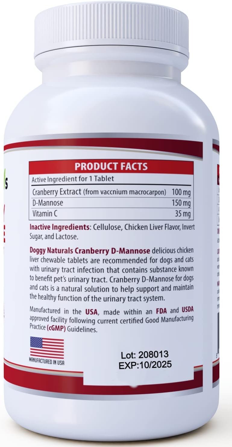Cranberry D-Mannose for Dogs and Cats Urinary Tract Infection Support Prevents and Eliminates UTI, Bladder Infection Kidney Support, Antioxidant (Single Strength Tablet, 150 Count)