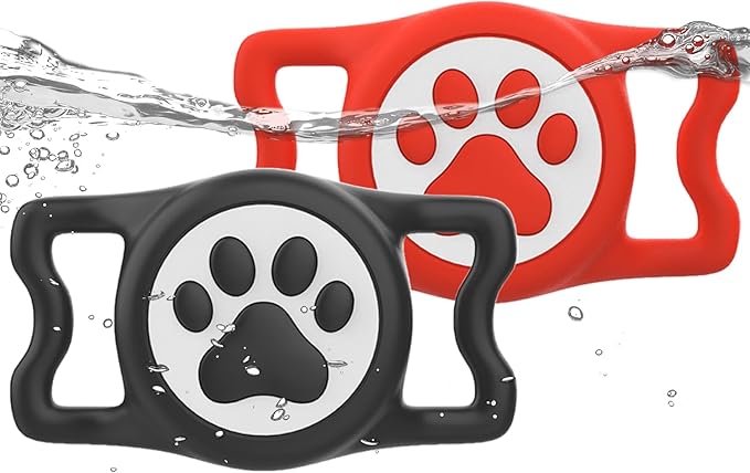 IP68 Waterpoof Dog Airtag Holder, Stretchy Silicone Full Body Covered Apple Air Tag Holder for Dog Cat Collar Fit All Width Collar (Black/Red, 2 Pack)