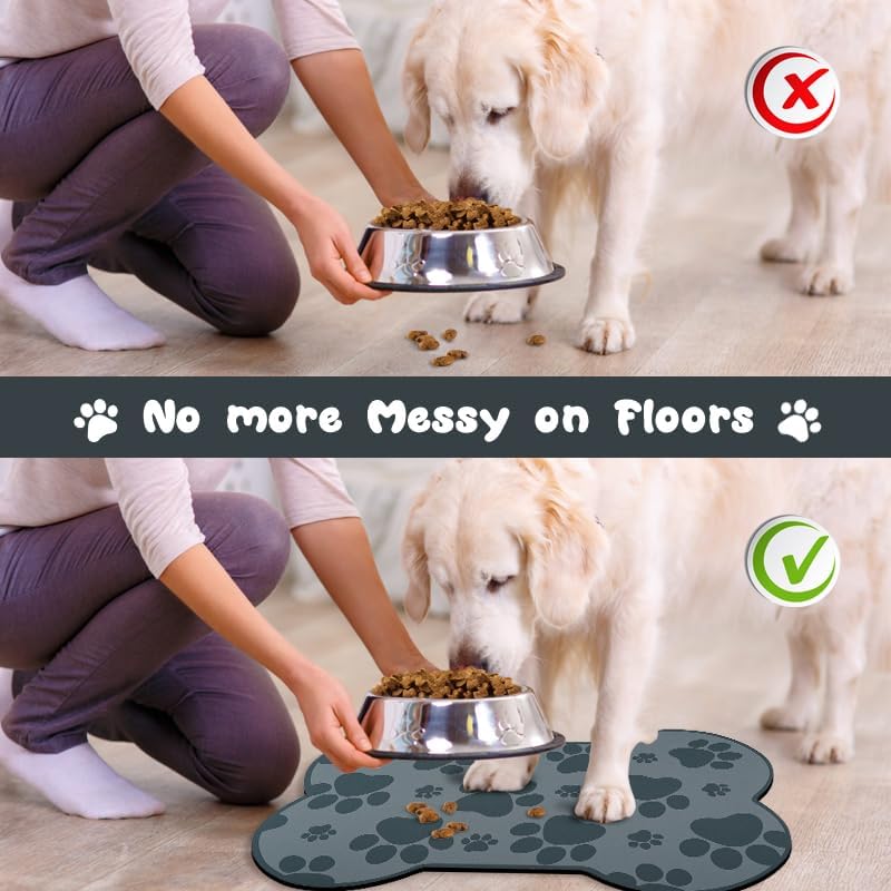 Dog Food Mats for Floors Waterproof, Pet Feeding Absorbent Water Bowl Mat Cat Placemats Gray Bone Shape 25.5 * 17 inch