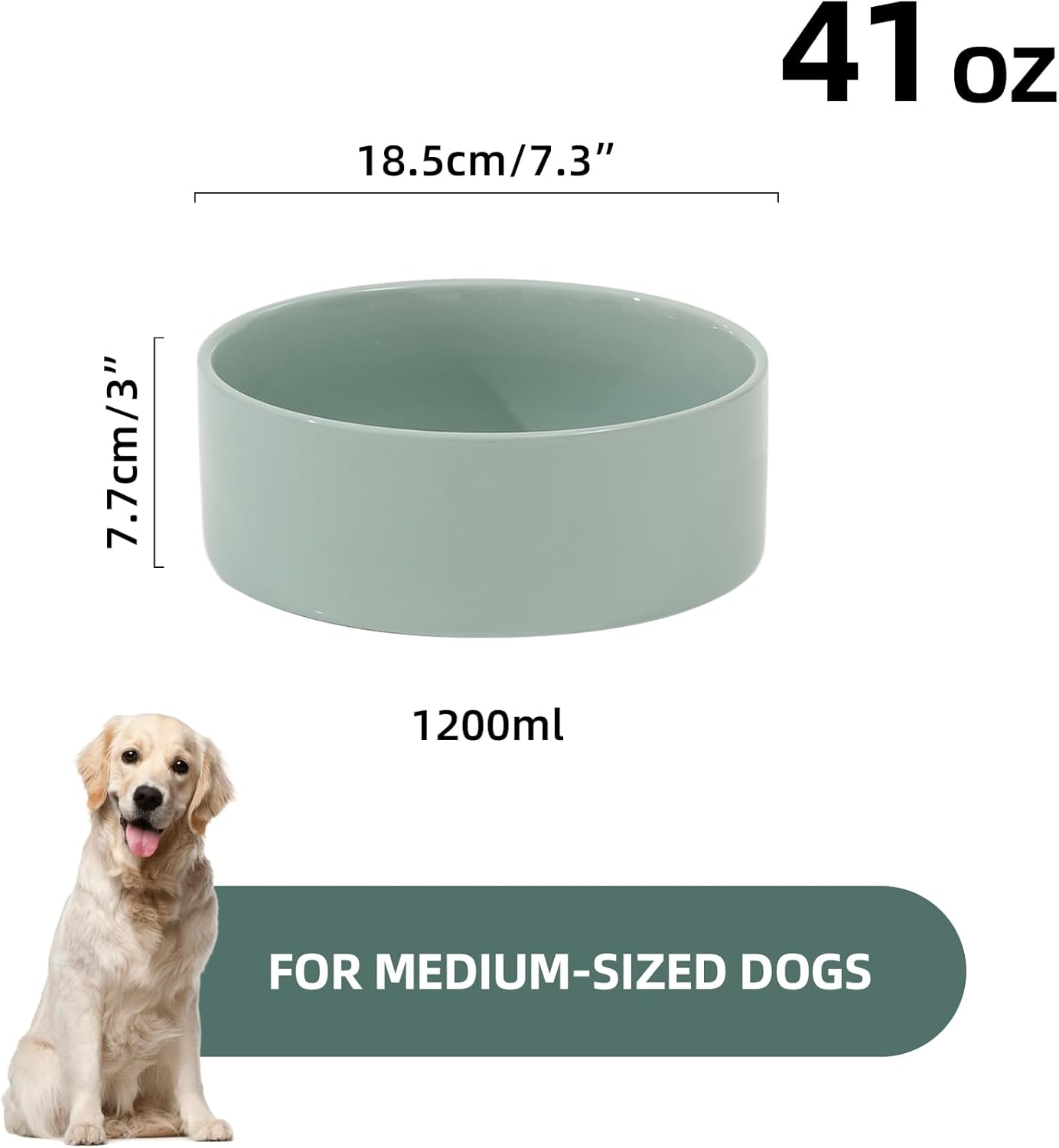 Ceramic 7.3inch Dog Bowl, Food and Water Bowl for Medium Breed Dog, Pet Feeder for Replacement (Single Bowl, Light Green)