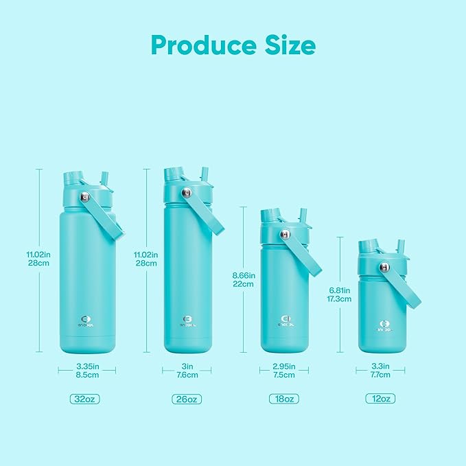 Kids Insualated Water Bottle with Straw - 12oz Stainless Steel Water Bottle with Dual Spouts, Leak-Proof, BPA-Free, Double Wall Vacuum Keeps Cold for 24 Hours for Sports, Travel (Aquamarine Blue)