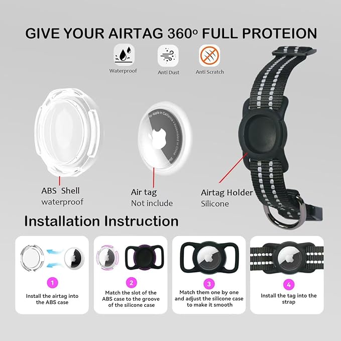 Reflective Dog Collar with Apple AirTag Holder & QR Code Pet ID Tag,Soft Nylon Adjustable Dog Tracker Collar with Safety Lock for Small Dogs(Black, S)