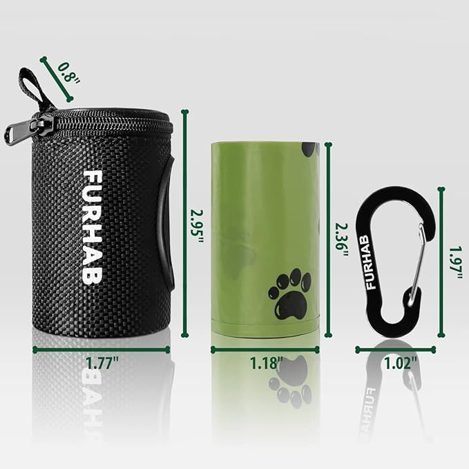 Dog Poop Bag Holder for Leash Doggie Waste Bag Dispenser Soft Fabric Puppy Potty Carrier Small Doggy Zipper Pouch with Carabiner Clip with 1 Roll of Pet Trash Bags, Black