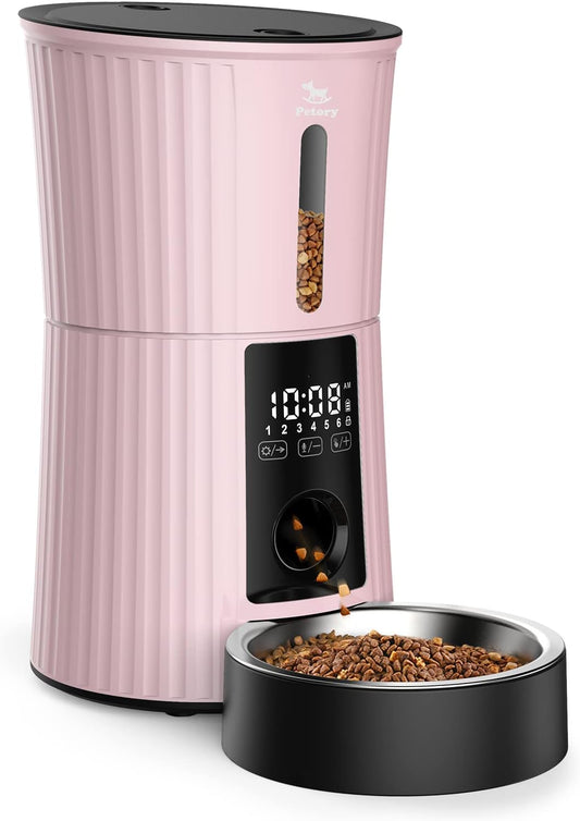 Petory Timed Automatic Cat Feeders - 4L Programable Dry Food Dispenser for Cats and Small Medium Dogs 6 Meals with Desiccant Bag Dual Power Supply 10S Voice Recorder