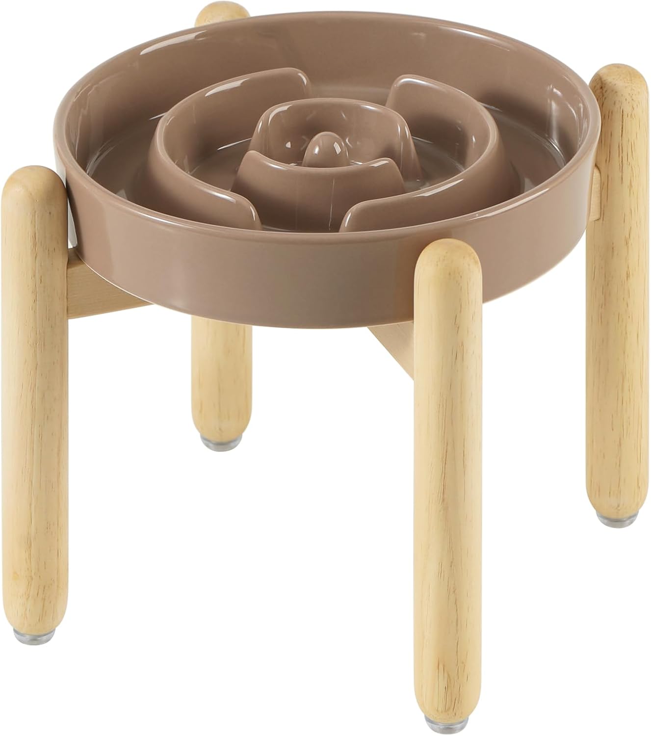 7.3inch Ceramic Raised Slow Feeder Dog Bowl Set, Elevated Wooden Stand for Medium and Small Dog, Puzzle Slow Food Dish, Preventing Choking(Brown Coffee, Single Bowl+ Stand)