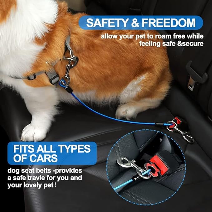Dog Seat Belt Harness for Car,Dog Seatbelt of Coated Wire Leash Safety Restraint,No Chew Tether Cable Vehicle,Double Clips & Latch(Blue, 32 inch/80 CM)