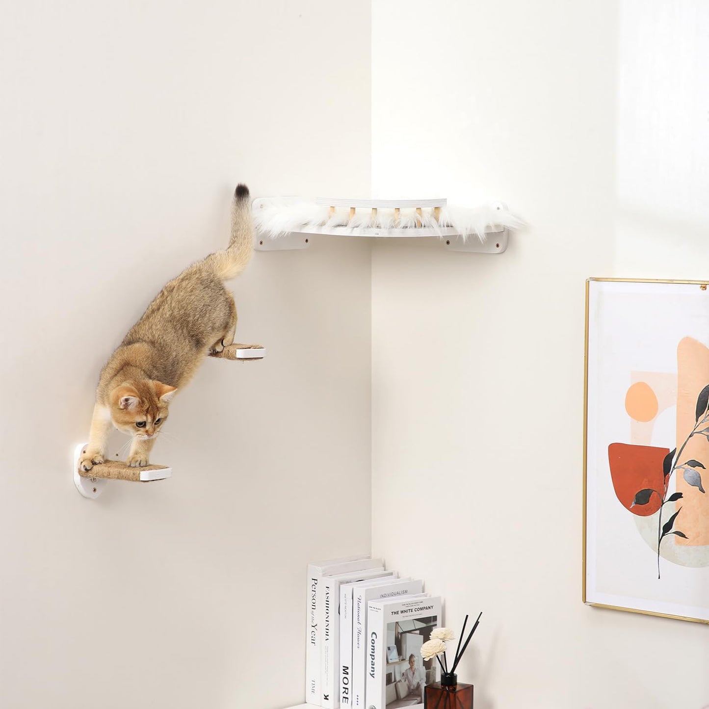 3-in-1 Cat Climbing Wall Steps with Hemp Rope, Shelves and Perches - Wall-Mounted Cat Furniture Set with Scratching Pads (White)