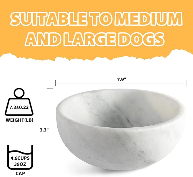 White Marble Dog Bowl - Non-Slip, Non-Tipping, Heavy Duty for Large Dogs - African Natural Stone Water and Food Bowl, Holds 4.6 Cups (7.5lbs)