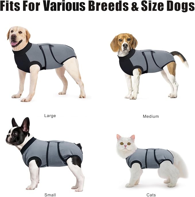 Idepet Dog Recovery Suit Female,Dogs Onesie Suit Surgery Male Breathable Pet Bodysuit for Spay Neuter E-Collar & Cone Alternative Surgical Suit Puppy Abdominal Anti Licking Wounds Shirt (Gray, L)